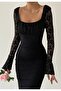 Black Laced and Tulle Sleeves Design Gathered Square Neck Midi Dress 209 - 5