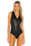 Women's Faux Leather V-Neck Bodysuit - 2