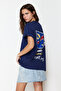 Navy %100 Cotton Printed Oversized/Wide Fit Crew Neck Knitted T-Shirt TWOSS23TS00329