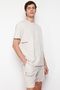 Beige Slogan Printed Knitted Shorts Pajama Set TMNSS24PT00001 - 3