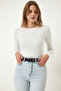Women's White Crew Neck Basic Viscose Knitted Blouse RX00048 - 4
