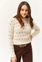 Women's Ecru Crew Neck Perforated Seasonal Knitwear Blouse BLZ-19002475 - 6