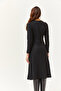Women's Black Button Detail Double-Breasted Midi Flared Dress ELB-19002031 - 3