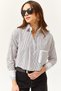 Women's White Black Pocket and Cuff Detailed Striped Crop Shirt GML-19001169