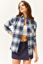 Women's Ecru Indigo Single Pocket Thick Plaid Lumberjack Shirt GML-19000736