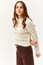 Women's Ecru Crew Neck Perforated Seasonal Knitwear Blouse BLZ-19002475 - 4