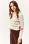 Women's Ecru Crew Neck Perforated Seasonal Knitwear Blouse BLZ-19002475 - 5