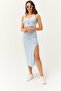 Women's Indigo Top Strap Bottom Slit Striped Suit TKM-19000206
