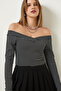Women's Black Asymmetrical Collar Striped Saran Knitted Blouse FF00153 - 3