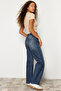 Koyu Mavi Paça Detaylı Yüksek Bel Wide Leg Jeans TWOSS24JE00149 - 3