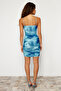 Blue Abstract Patterned Gather/Drape Detail Fitted Stretch Knitted Mini Pencil Dress TWOSS24EL00385 - 6