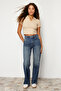 Koyu Mavi Paça Detaylı Yüksek Bel Wide Leg Jeans TWOSS24JE00149