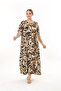 WOMEN'S LARGE SIZE BLACK BROWN YELLOW PATTERN SHORT SLEEVE LYCRAL DRESS - 2