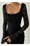 Black Laced and Tulle Sleeves Design Gathered Square Neck Midi Dress 209 - 4
