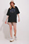 Women's Black Crew Neck Two Thread Embroidered Oversize Unisex T-Shirt ALC-X11502 - 3