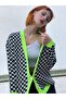 Neon Green Striped Checkered Knitwear Cardigan - 3