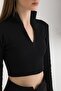 Zipper Detailed Ribbed Crop Top Black - 3