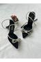 Black Satin Tie-Detail at the Wrist Bow Rhinestone - 4