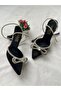 Black Satin Tie-Detail at the Wrist Bow Rhinestone