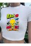 Y2K Street Style Twitty Yellow Chick Printed Short Sleeve White Crop Body - 2
