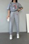 Women's Gray Cute Cat Printed Oversize T-shirt Jogger Top and Bottom Set - 3