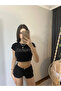 Women's Crop Bodysuit with Black Glitter Stones Cosmic Writing - 5