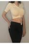 Women's Cream Lycra Front Gathered Crop V-Neck Short Sleeve T-Shirt - 2