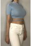 Women's Blue Lycra Back Low-Cut Crop Stand Collar Elbow Sleeve T-Shirt - 4