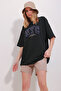 Women's Black Crew Neck Two Thread Embroidered Oversize Unisex T-Shirt ALC-X11502