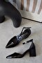 Women's Ruth Short Thick Heeled Daily Comfortable Black Patent Leather Shoes - 6