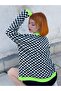 Neon Green Striped Checkered Knitwear Cardigan - 4