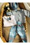 Blue Plaid Double-Sided Jacket, Booties, Trousers, Cap, Bow Tie and Snap Fastener, White Cotton Body Suit - 2