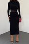 Women's Sandy Fabric Tulle Low-cut Detailed Stand Collar Midi Length Pencil Stretchy Dress 10957 - 5