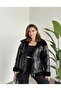 Shiny Leather Thai Feather Biker Black Coat - 7