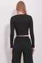 Women's Black Crew Neck Glitter Lace-up Crop Blouse ALC-X11498 - 4