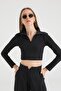 Zipper Detailed Ribbed Crop Top Black