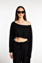 Textured Off Shoulder Long Sleeve Crop T-shirt Black - 2