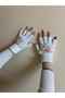 Handmade Ecru Color Flower Embroidered Cut Fingers Gloves - Design Fingerless Gloves - Gift - 3