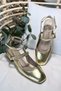 Women's Mary Jane Metallic Gold Dore Gold Open Back Square Toe Helmet Short Block Heeled Shoes