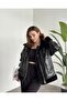 Shiny Leather Thai Feather Biker Black Coat - 6