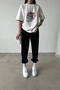 Women's White Cute Cat Printed Oversize T-shirt Jogger Top and Bottom Set - 3