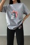 Women's Gray Cute Cat Printed Oversize T-shirt Jogger Top and Bottom Set - 2