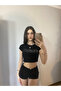 Women's Crop Bodysuit with Black Glitter Stones Cosmic Writing - 2