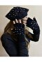 Black Color Handmade French Painter Beret with Pearls and Cut Fingers Gloves Set - Hat - Gift