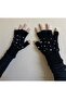 Black Color Handmade French Painter Beret with Pearls and Cut Fingers Gloves Set - Hat - Gift - 2