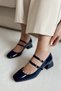 Women's Mary Jane Navy Blue Patent Leather Closed Back Double Tape Square Toe Helmet Short Block Heeled Shoes - 3