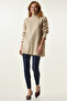 Women's Beige Stand Collar Soft Textured Knit Sweater KI00095