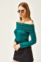Women's Emerald Green Madonna Collar Knitted Viscose Blouse BLZ-19002487 - 5