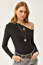 Women's Black Asymmetric Collar Lycra Sandy Blouse BLZ-19002484 - 3