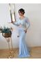 Women's Baby Blue Embroidered Fish Evening Dress - 4